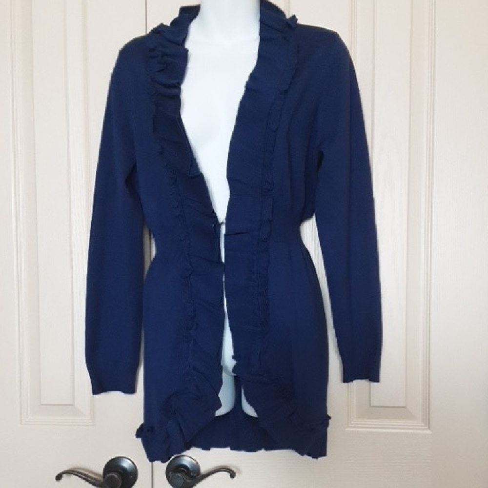 NY Collection Navy Ruffle Cardigan